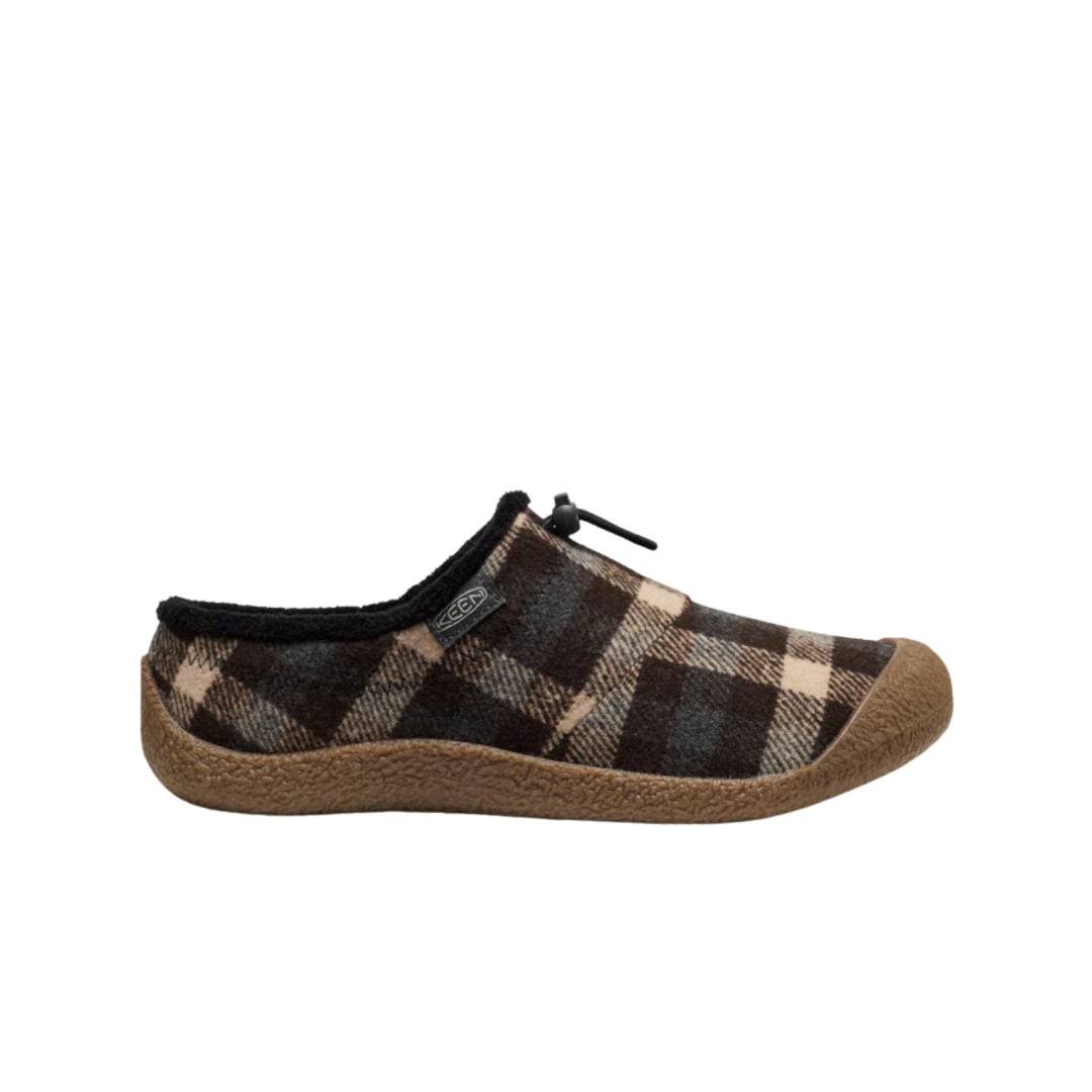 Plaid-patterned shoe with brown sole on a white background