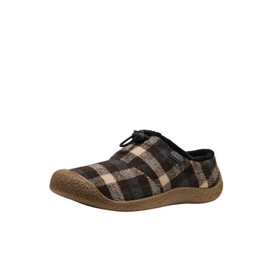 Plaid-patterned shoe with brown sole on a white background