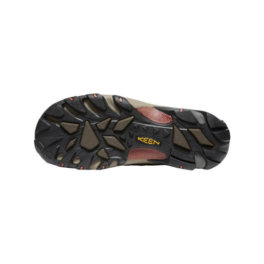 Black and brown hiking sandal sole with rugged tread and KEEN logo