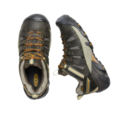 Pair of hiking shoes with orange laces, mesh side panels, and black reinforced toes shown top and side on a white background