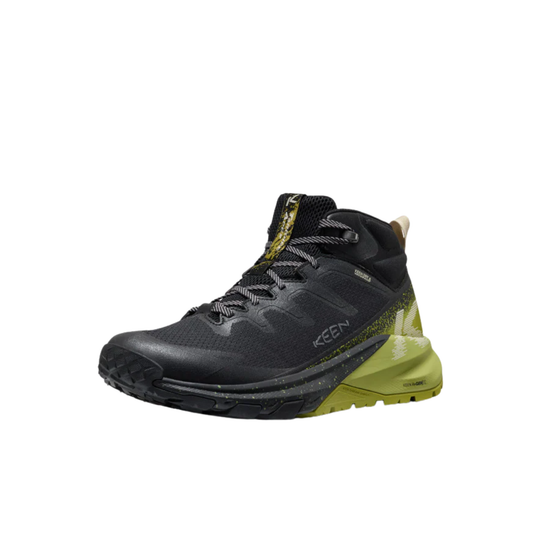 Black hiking boot with gray laces and olive heel accents, shown in side view