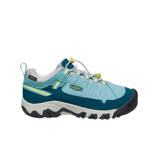 Blue and green sneaker with brand logo on a white background