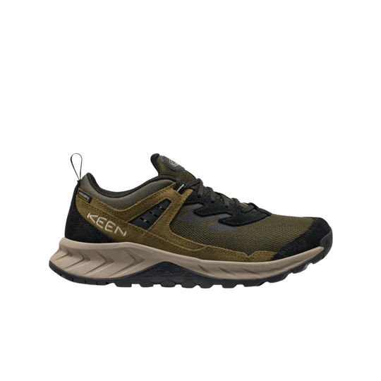 Olive and black hiking shoe with mesh upper, tan midsole, and KEEN branding