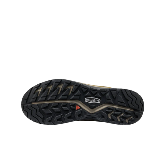 Black hiking shoe outsole with deep tread and KEEN logo