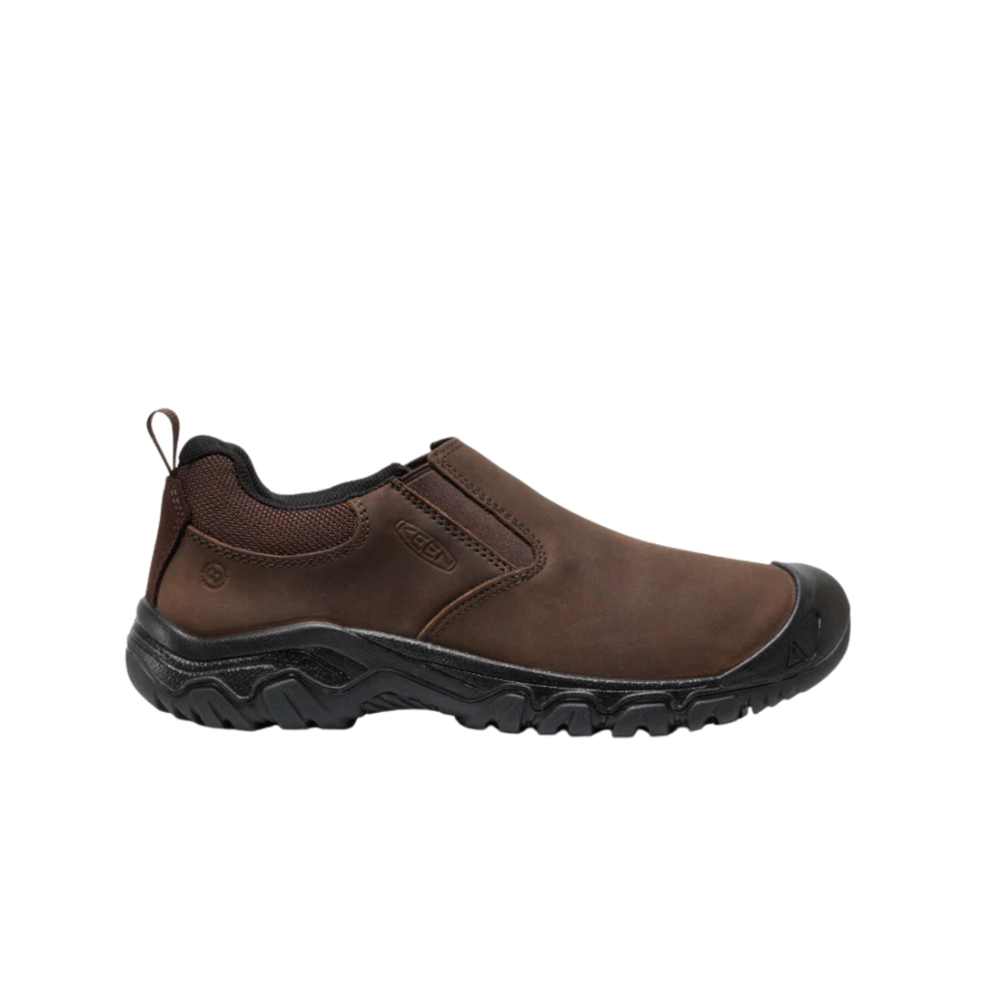Brown slip-on shoe with black sole on a white background
