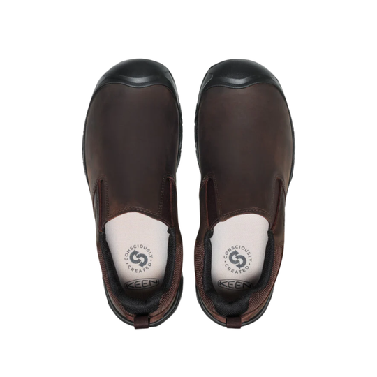 Pair of brown Keen shoes on a white background