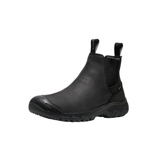 Black rubber boot with a white background