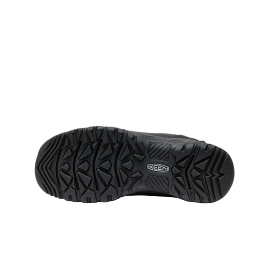 Black boot outsole with deep lug tread and KEEN logo