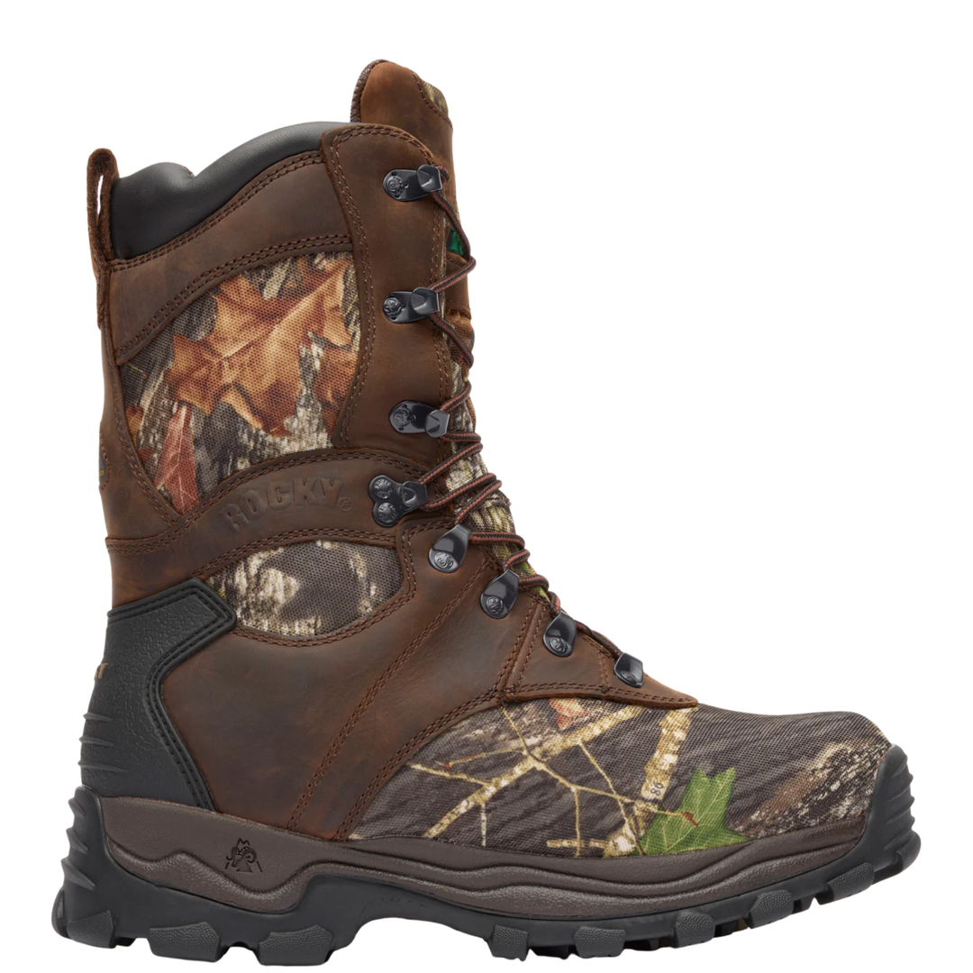 Brown and camouflage lace-up insulated work boot with black sole and metal hooks
