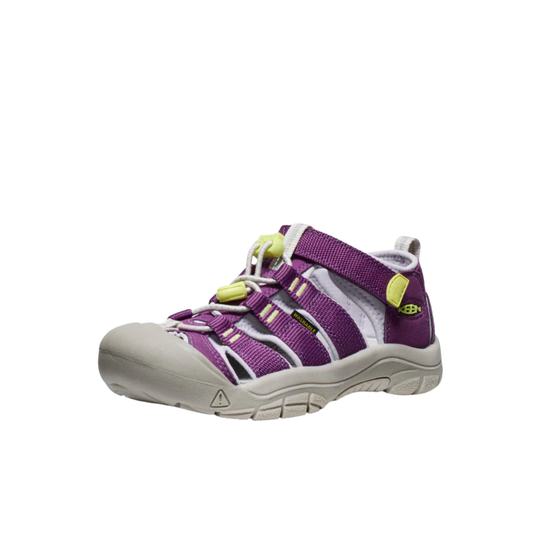 Purple and gray sandal with green accents on a white background