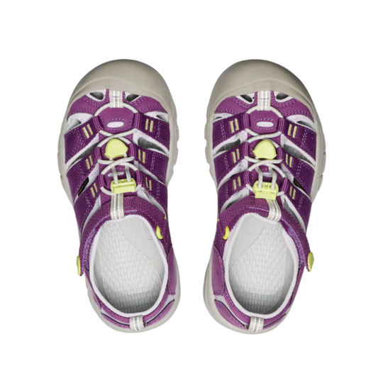 Purple and white sandals with yellow accents on a white background