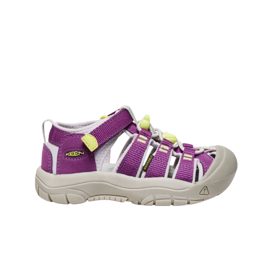 Purple and white sandal with green accents on a white background