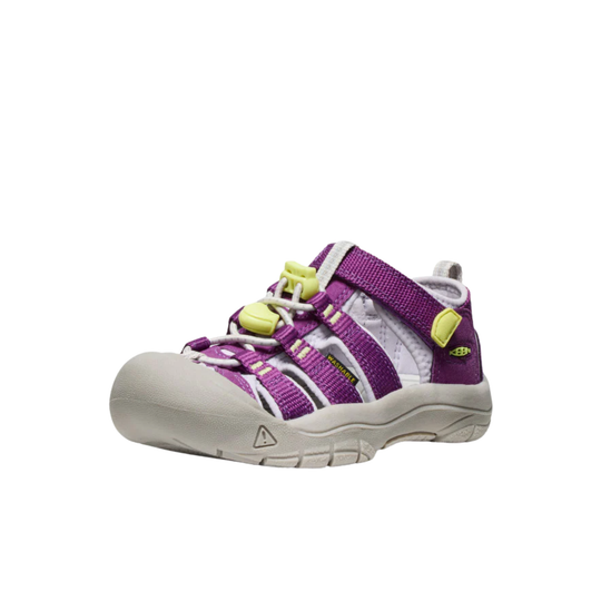 Purple and white shoe with green accents on a white background
