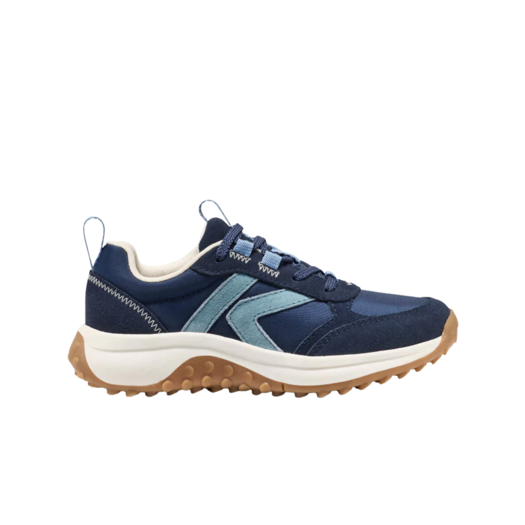 Navy and light blue sneaker with brown sole on a white background