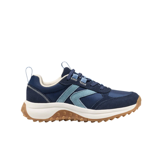 Navy and light blue sneaker with brown sole on a white background