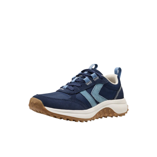 Navy and light blue sneaker with a white sole on a white background