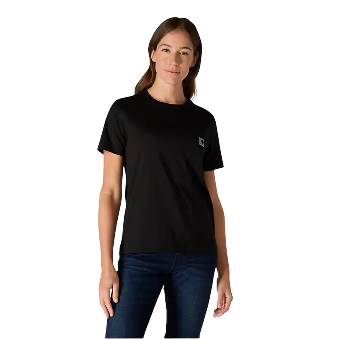 Person wearing a black t-shirt with a logo on a white background