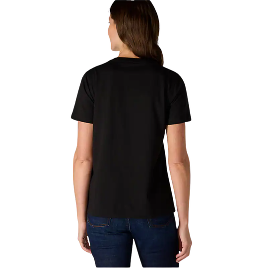 Person wearing a black t-shirt on a white background
