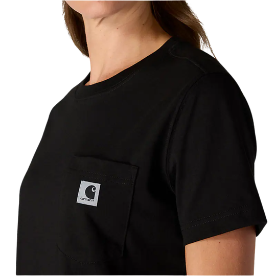 Black t-shirt with a visible brand logo on a white background