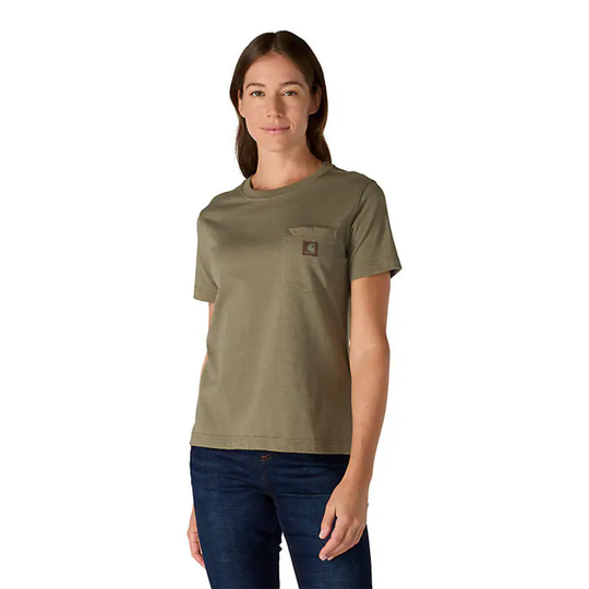 Woman wearing a green t-shirt with a brand logo on a white background