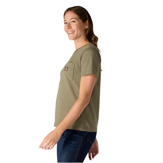 Woman wearing a green t-shirt with a visible brand logo on a white background