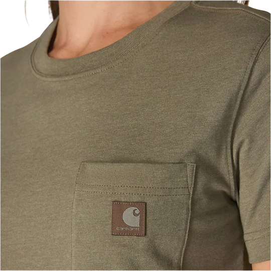 Close-up of a green t-shirt with a Carhartt logo on the chest pocket.