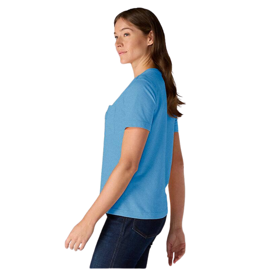 Woman wearing a blue t-shirt on a white background