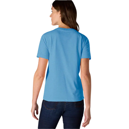 Person wearing a blue t-shirt on a white background