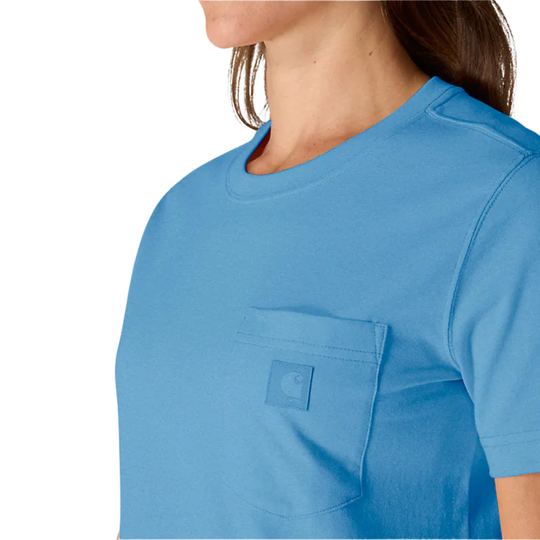 Blue t-shirt with a brand logo on a white background