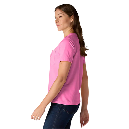 Woman wearing a pink t-shirt on a white background