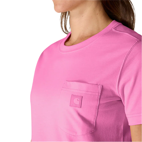 Close-up of a pink t-shirt with a brand logo on a white background