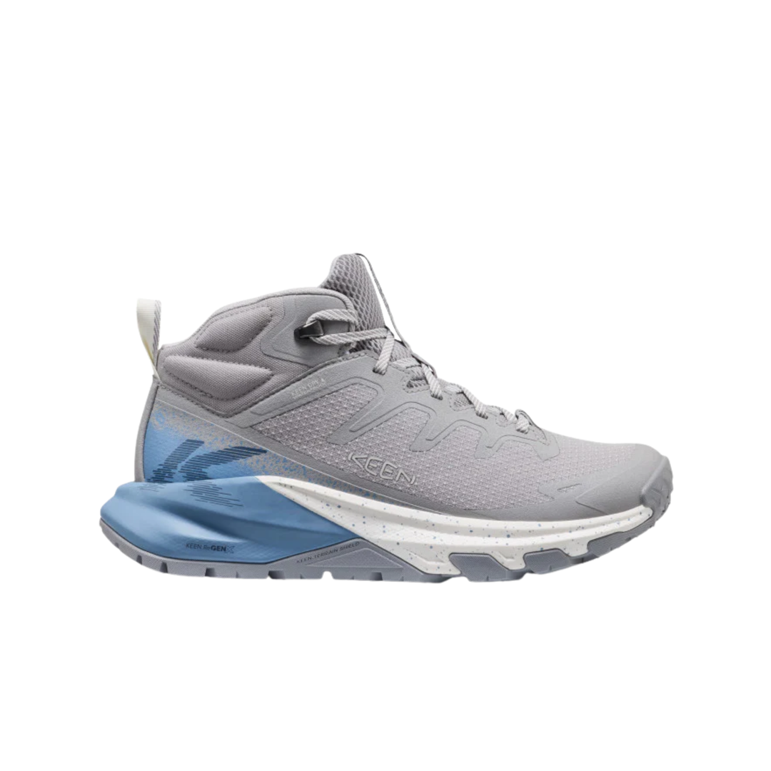 Gray athletic shoe with blue sole on a white background