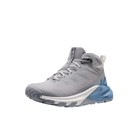 Gray and blue hiking shoe on a white background