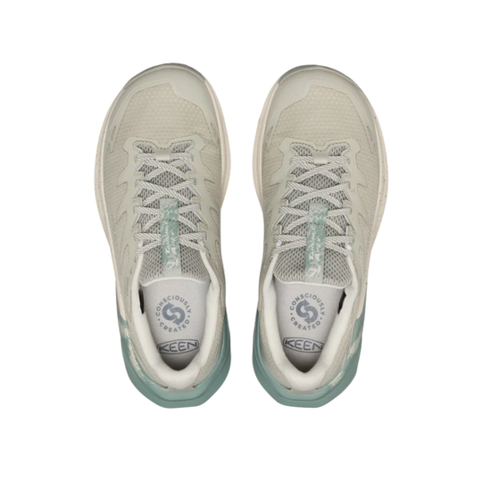 Pair of light gray sneakers with white soles on a white background
