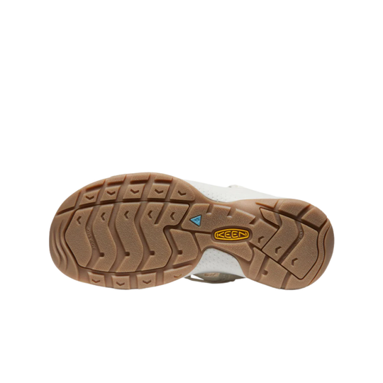 Brown rubber outsole of a sandal with tread pattern and KEEN logo, shown against a white background.