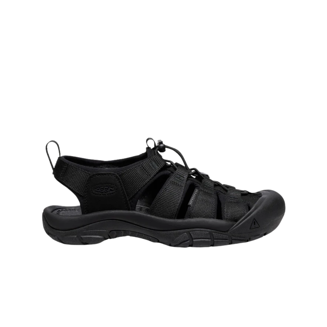 Black sandal with multiple straps on a white background
