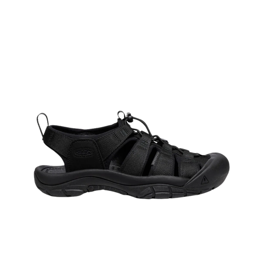 Black sandal with multiple straps on a white background