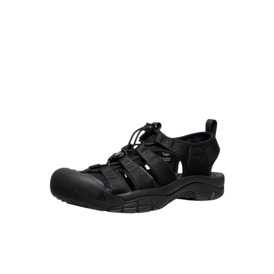 Black sandal with multiple straps on a white background