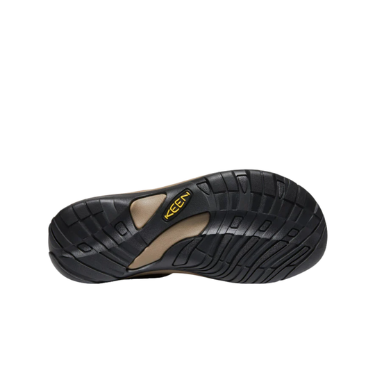 Black shoe outsole with tan inserts and yellow KEEN logo