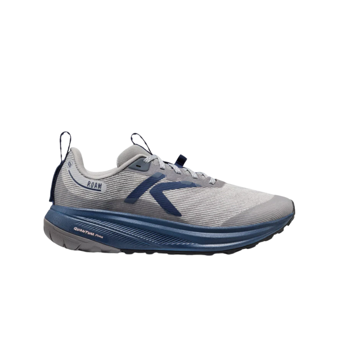 Gray and navy trail running shoe with mesh upper, thick cushioned sole, and pull tabs
