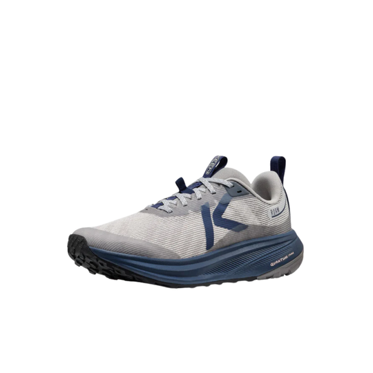Gray and navy trail running shoe with a large side logo and visible heel pull tabs