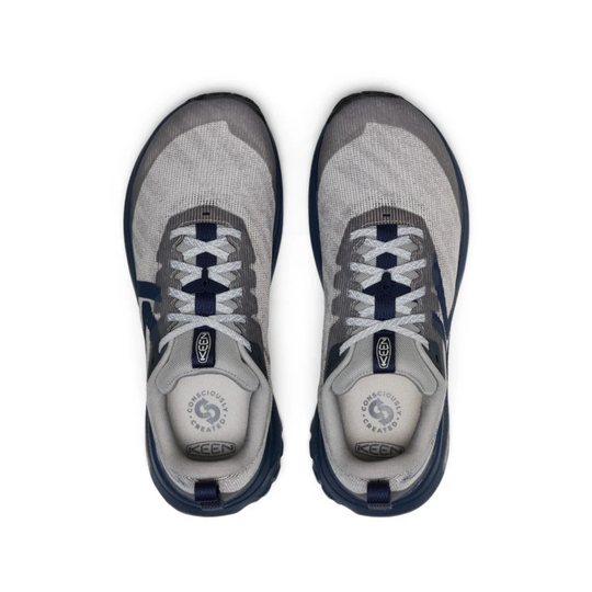 Pair of gray and navy trail running shoes with white laces, shown from above