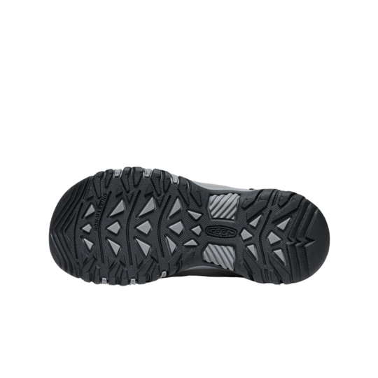 Black shoe sole with tread pattern on a white background