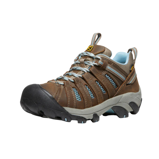 Brown hiking shoe with visible brand logo on a white background