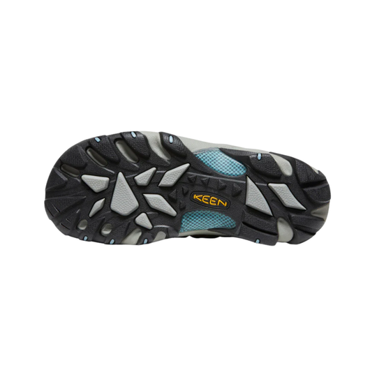 Close-up of a KEEN hiking shoe sole on a white background