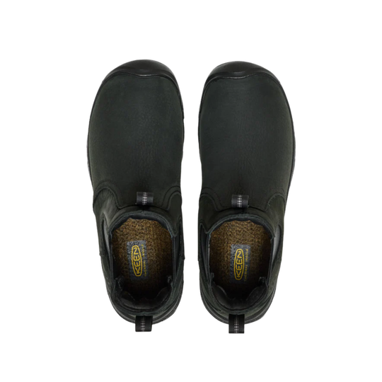 Pair of black slip-on boots with brand logo on a white background