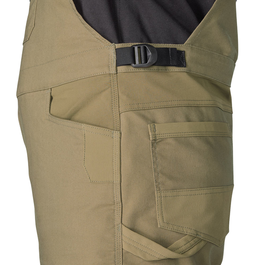 Khaki pants with a black buckle on a white background