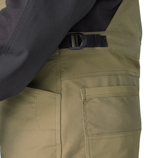 Khaki pants with a black buckle on a white background
