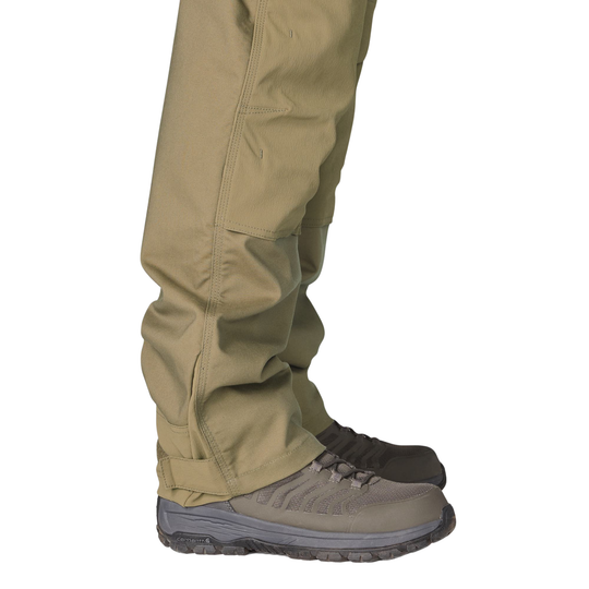Khaki pants with hiking boots on a white background