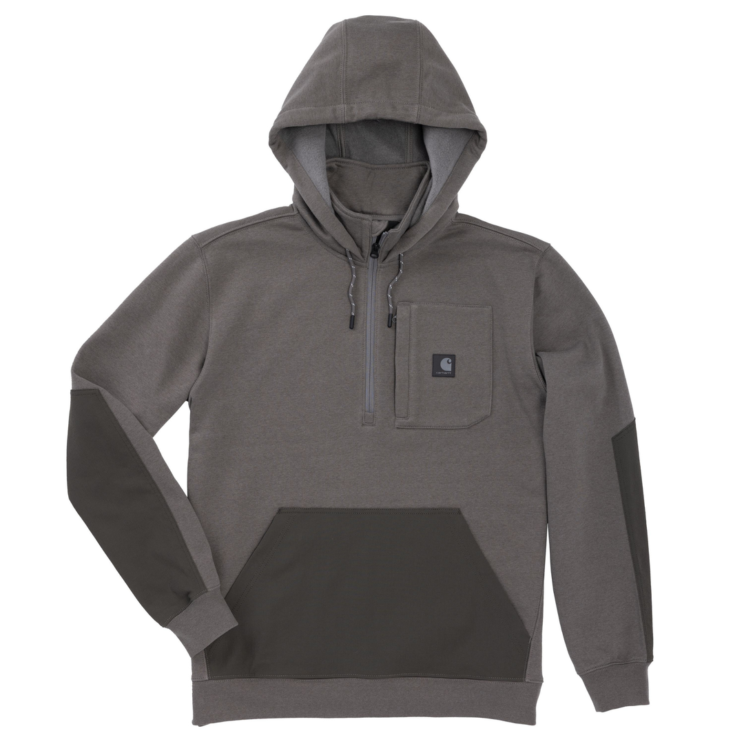 Gray hoodie with a brand logo on a white background